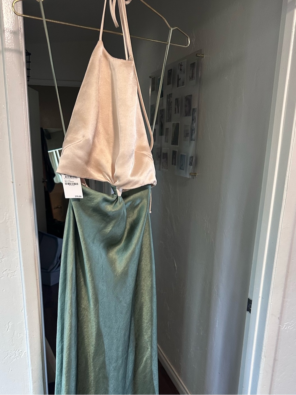Bec + Bridge Two-Tone Satin Halter Maxi Skirt in Ivory and Sage Green